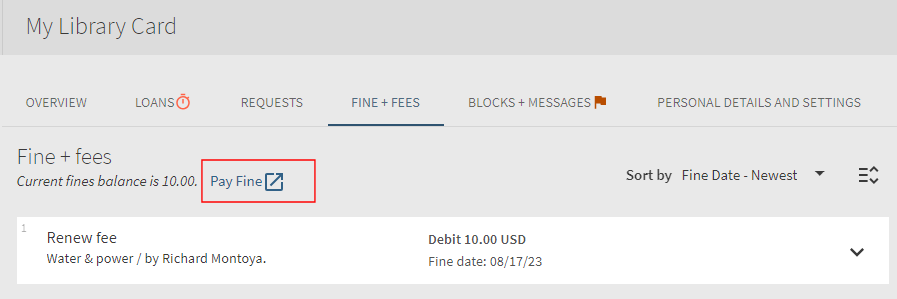 Fines & Fees Link in My Library Card