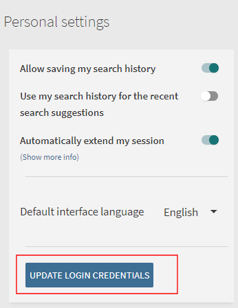 Update Login Credentials button under Personal Settings.