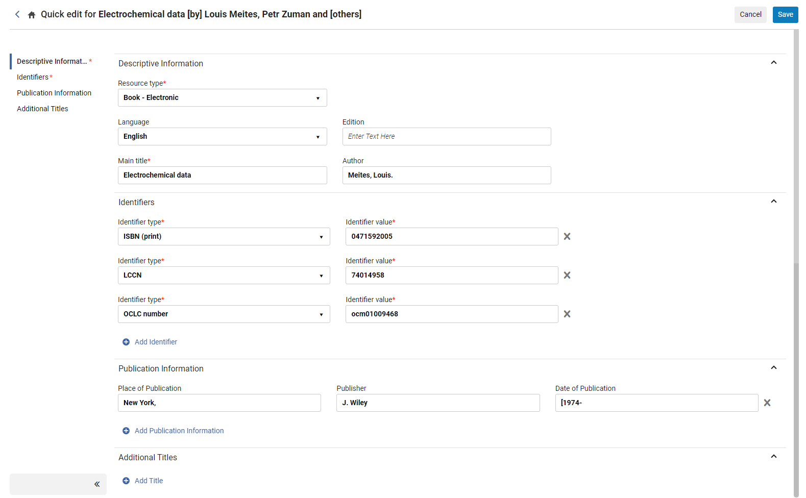 Quick Edit form displaying editable fields