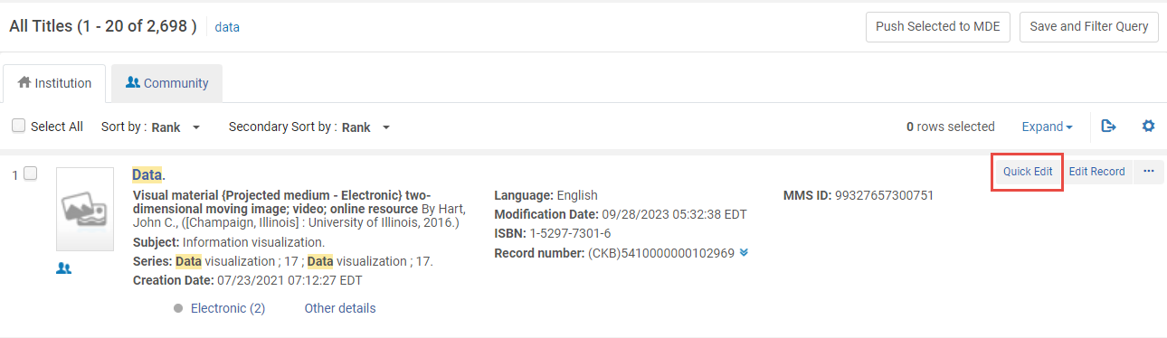 Search Results screen indicating the Quick Edit button
