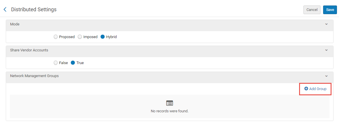 Distributed Settings screen displayed with emphasis on adding a network group