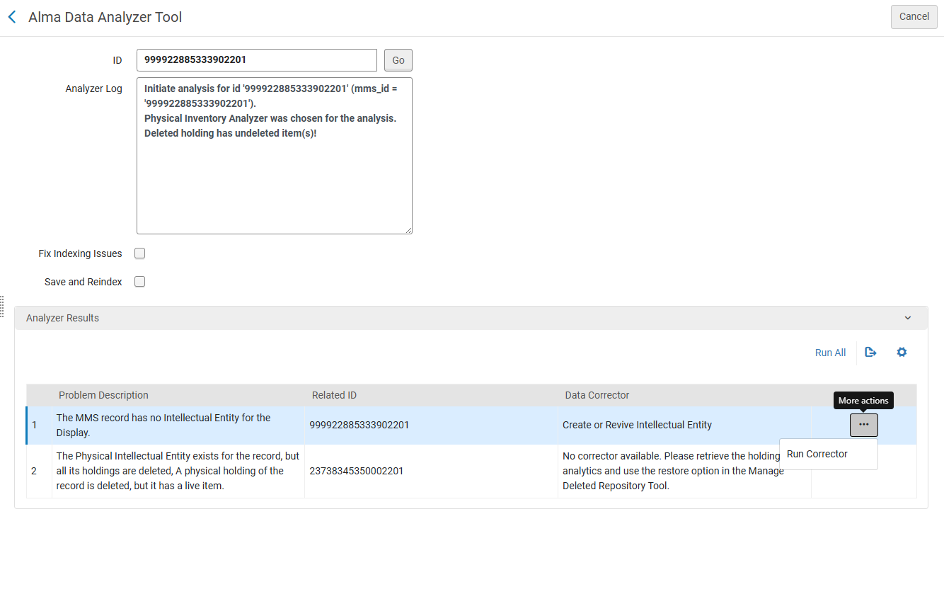 The Data Analyzer tool after having analyzed a problematic MMS ID.
