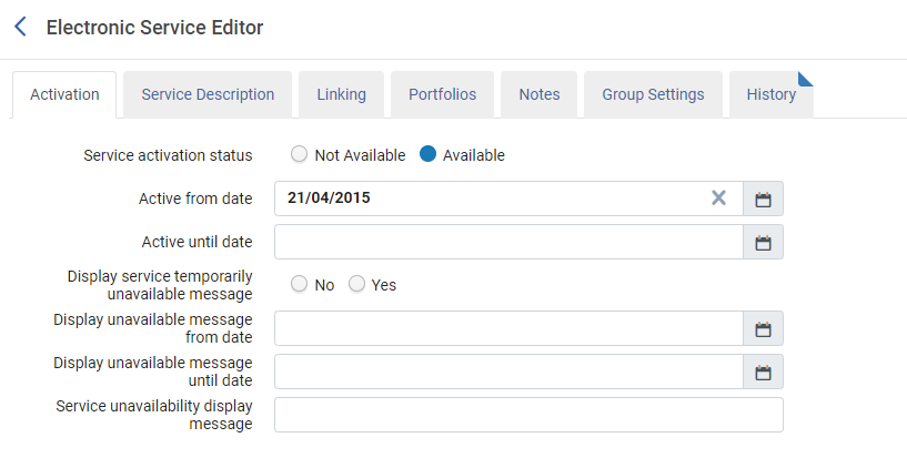 Activation tab of the Electronic Service Editor page