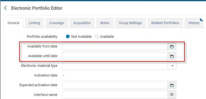 Electronic Portfolio Editor screen displaying the Available From/Until Date