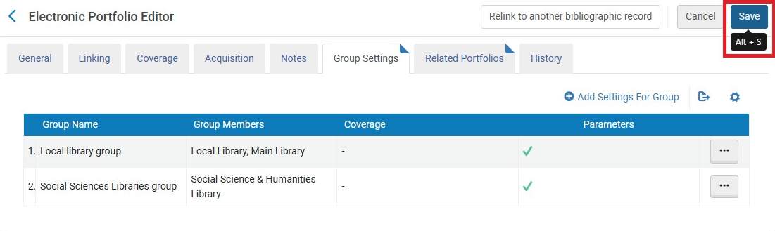 Group Settings - Saved in the Electronic Portfolio Editor