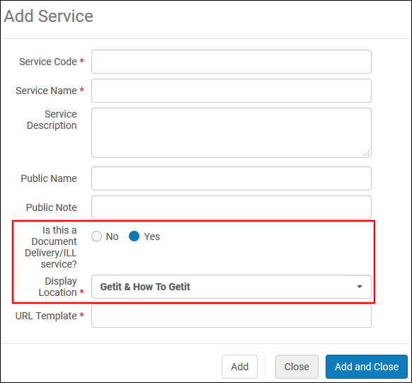Alma Summon/Primo VE Add Service dialog box