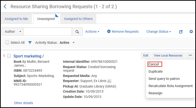 Cancel Action on the Borrowing Requests Task List