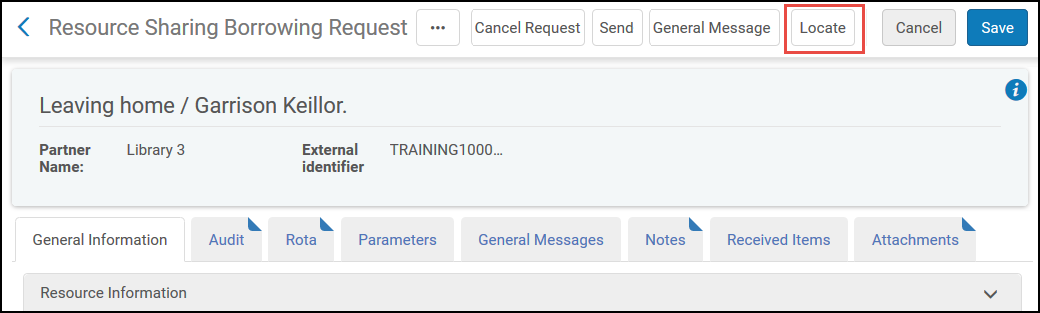 The Locate button in the Edit page for a resource sharing borrowing request