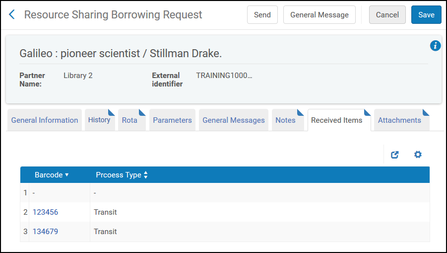 Received Items Tab of the Request