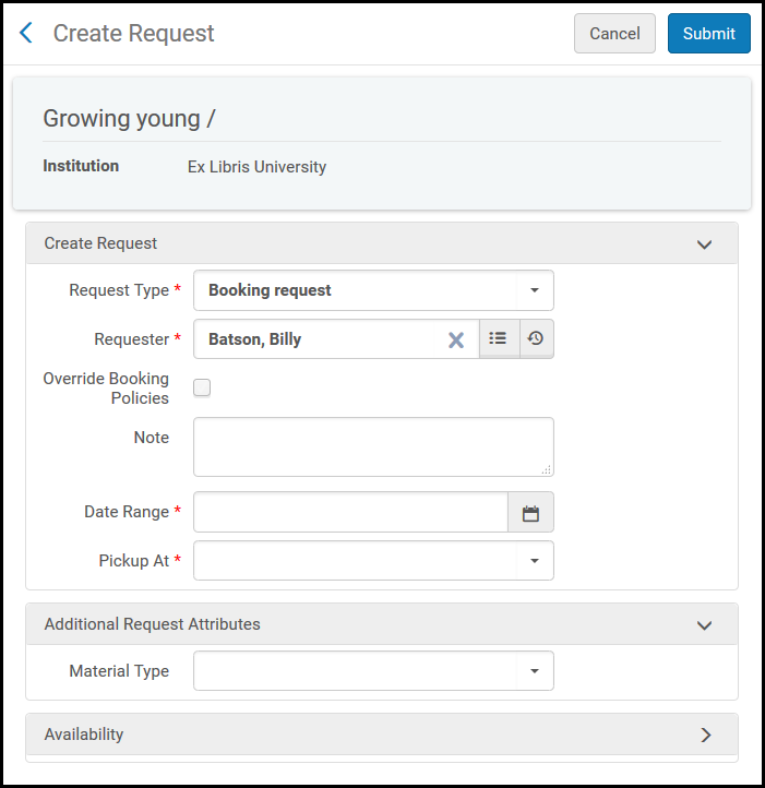 Create Request Page for Booking Request