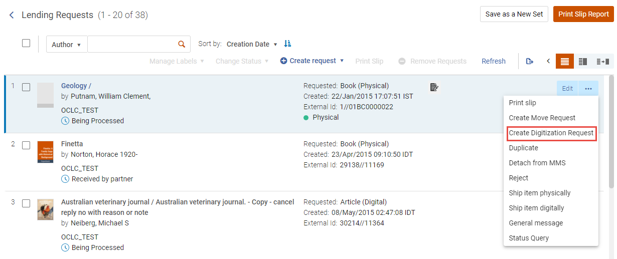 The Create Digitization Request action