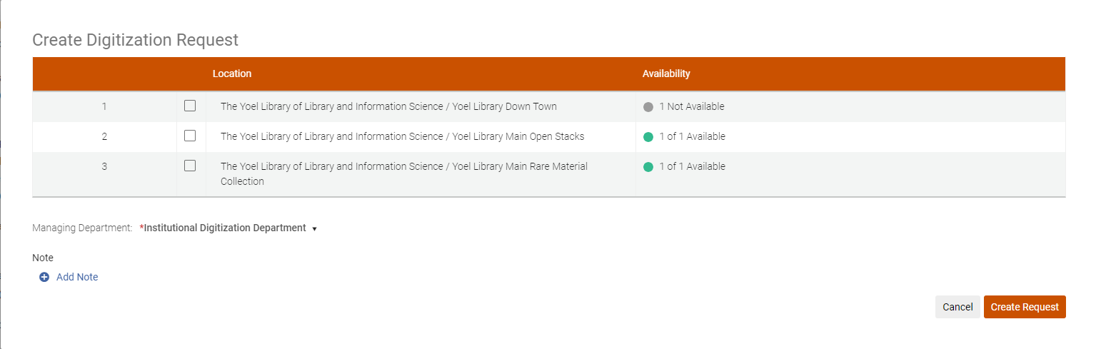 The Create Digitization Request options