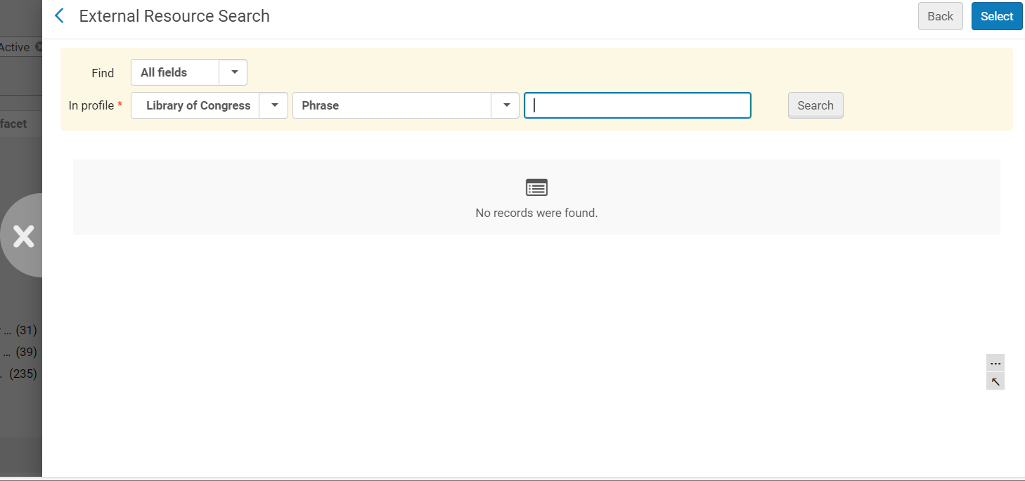 External resource search sliding panel.