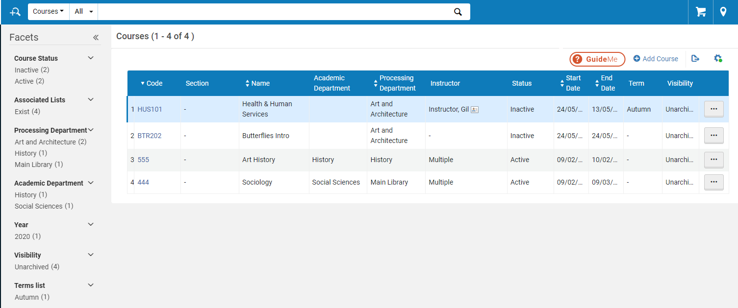The Fulfilment Course Reserves Courses Page Facets.
