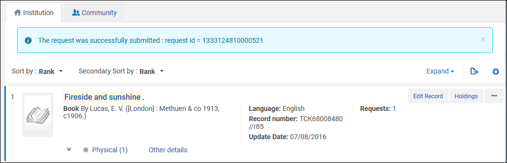 Repository Search Page – Successful Request Submission Message