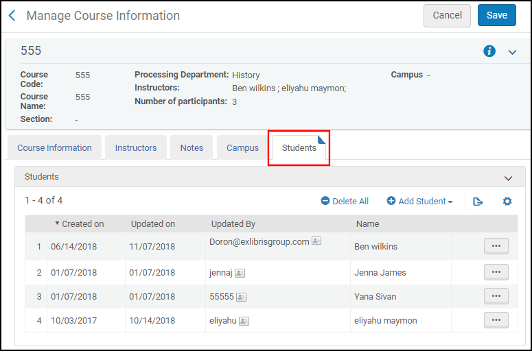 The Manage Course Information Page - Students Tab.