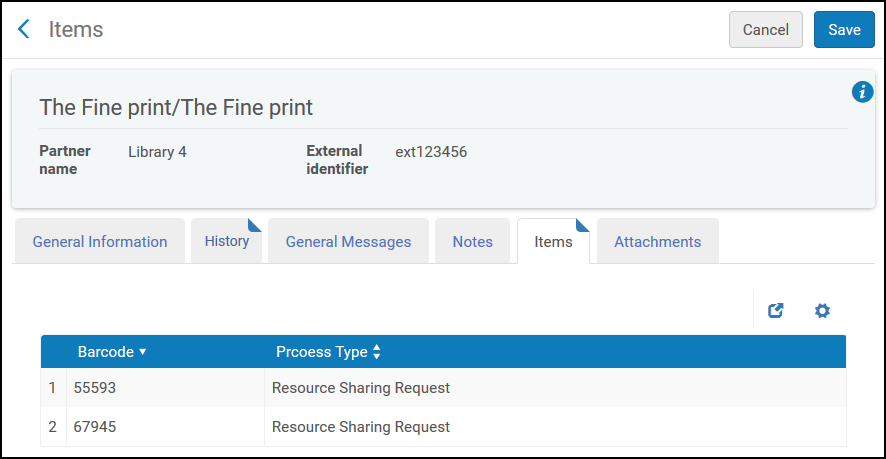 Lending Request - Items Tab
