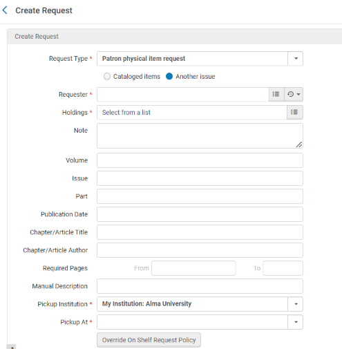 Create Request Page with No Items in Inventory