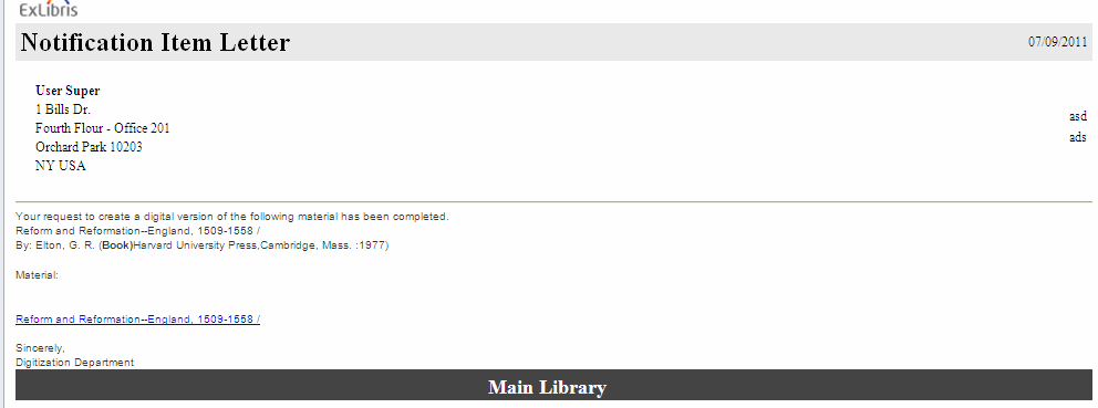 Notification Item Letter for Digital File