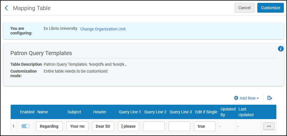 The Patron Query Templates mapping table page.