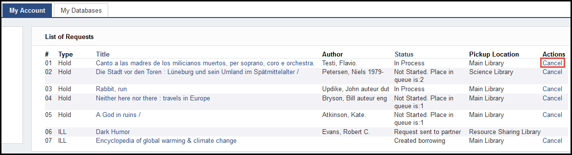 Cancel Action on Primo Requests List