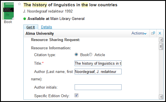 Borrowing Request in the Primo Get It Pane