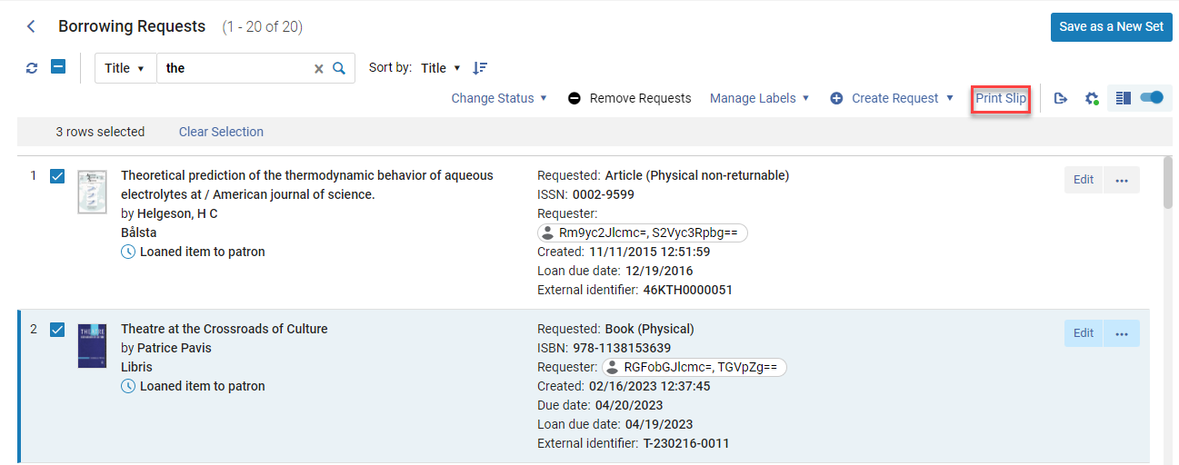 The Print Slip bulk action in the Borrowing Requests page.