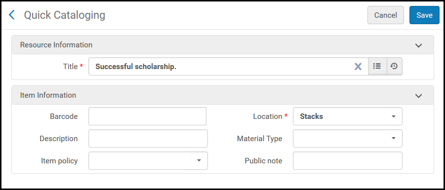 Quick Cataloging Page