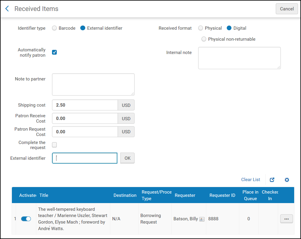 Received Items Page – Digital Item