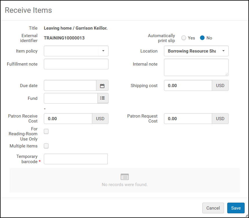 Receiving a Physical Item – Dialog Box