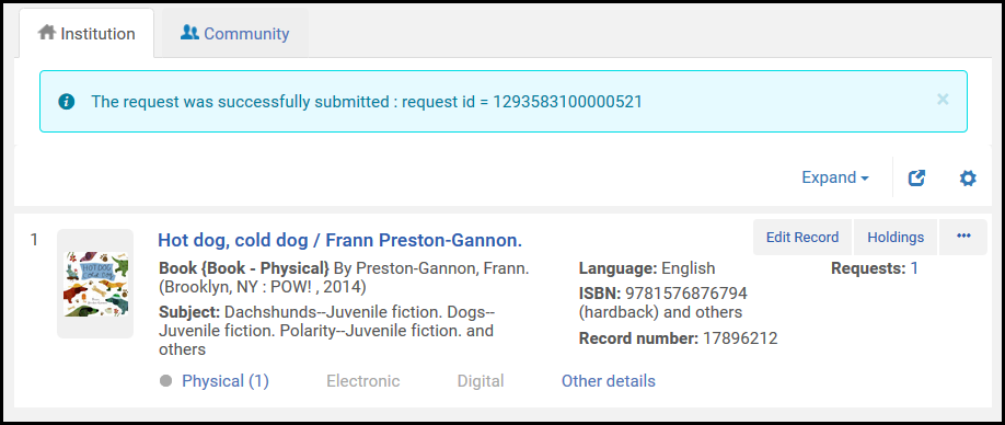 Repository Search Page – Successful Request Submission Message