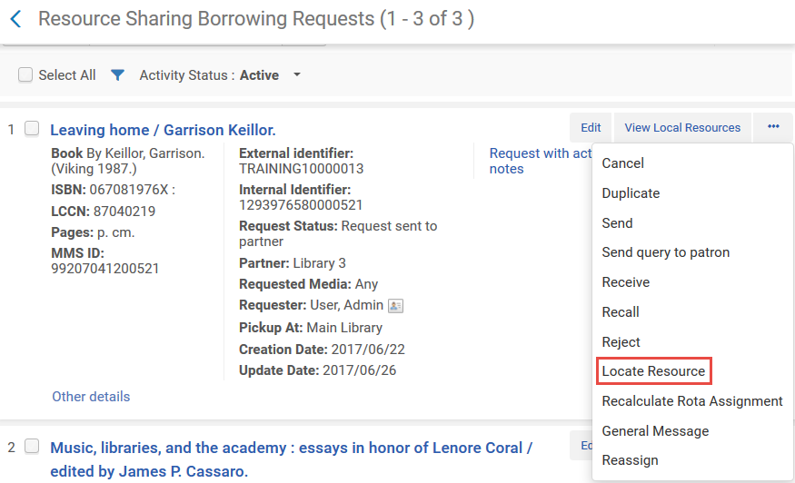 The Locate Resource action highlighted in the Resource Sharing Borrowing Requests page