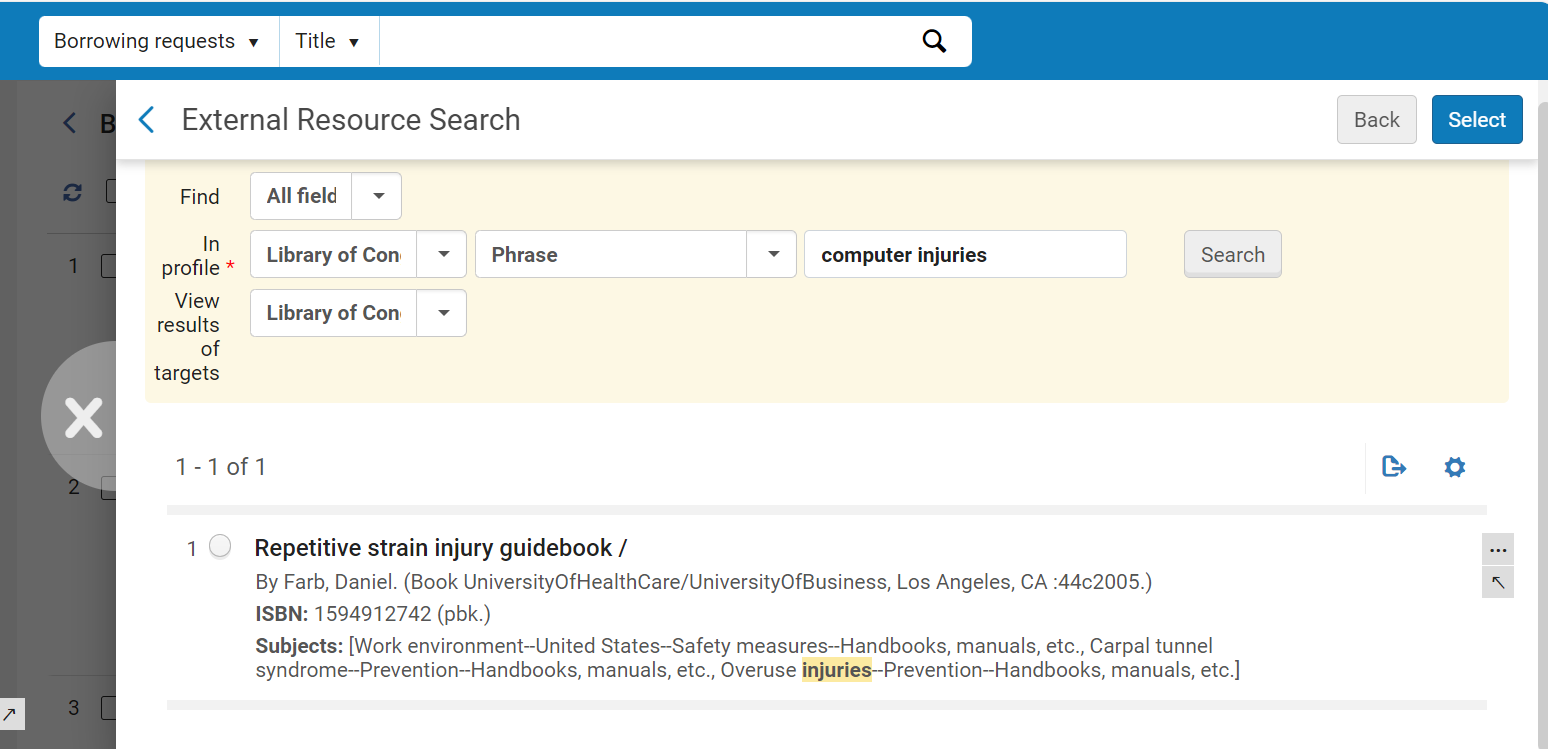 Search results for borrowing requests.
