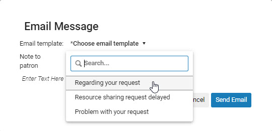 The email template for the Send query to patron letter.