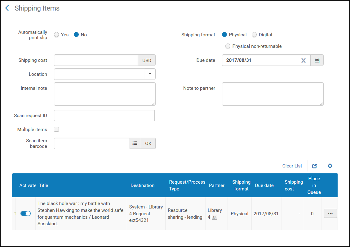 Shipping Items Page - Physical format