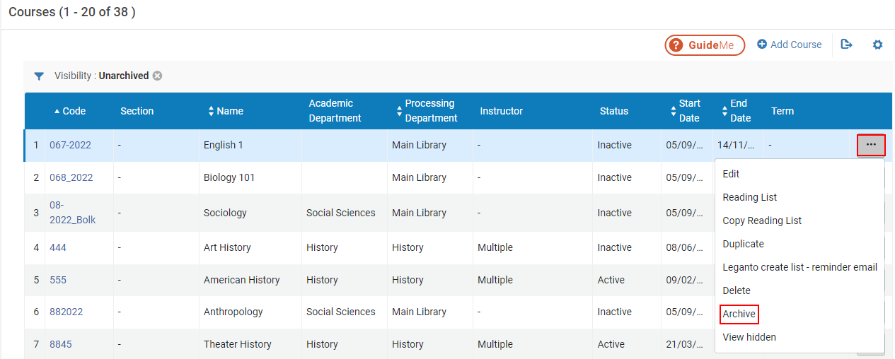 The action to archive courses.