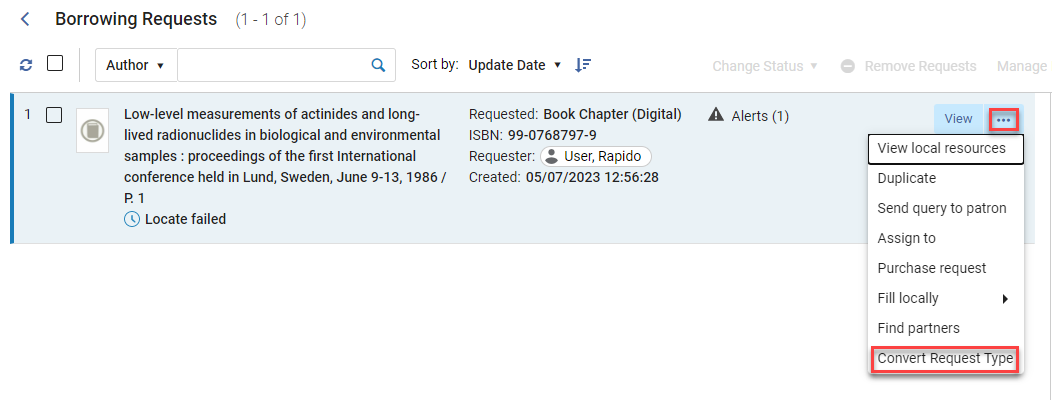 The Convert Request Type option in the dropdown list of actions.