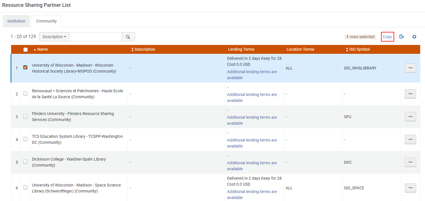 The option to copy partners from the Resource Sharing Partner List.