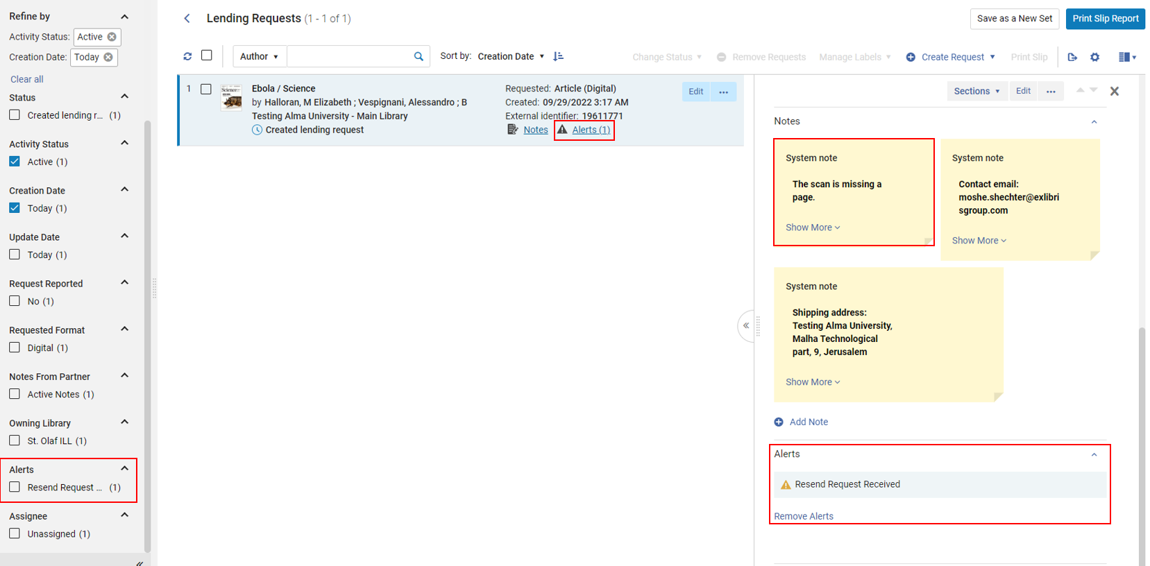 Note and alerts for resupply request.