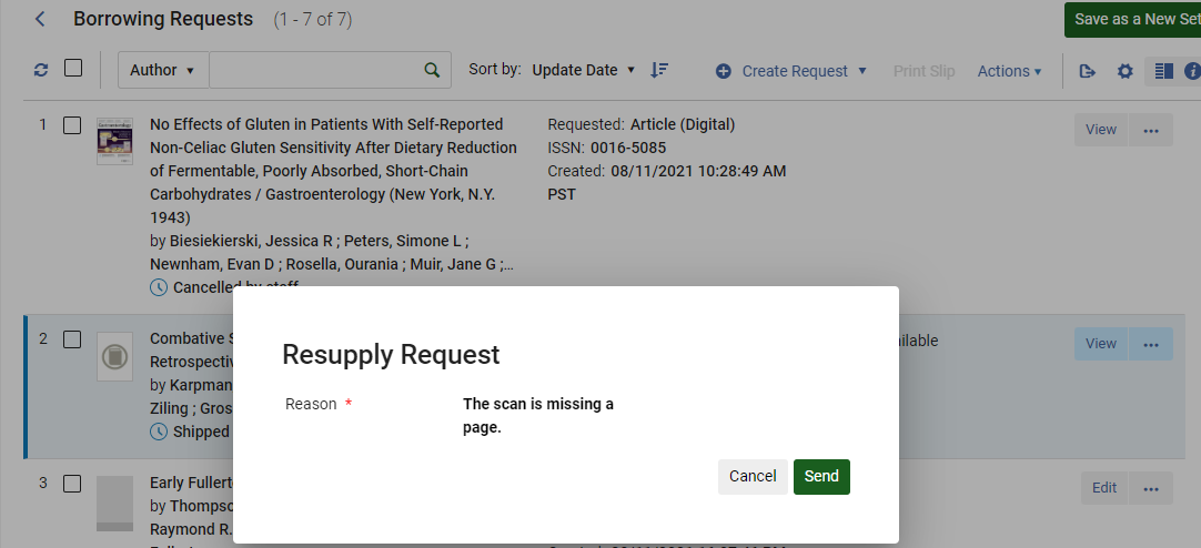 The Reason field in the Resupply Request pop up.
