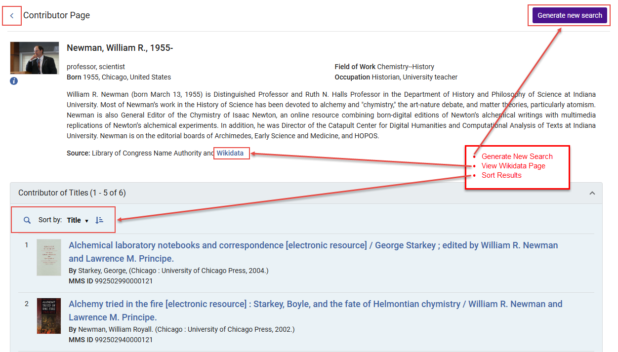 Contributors Page with links to Wikidata and Generate New Search
