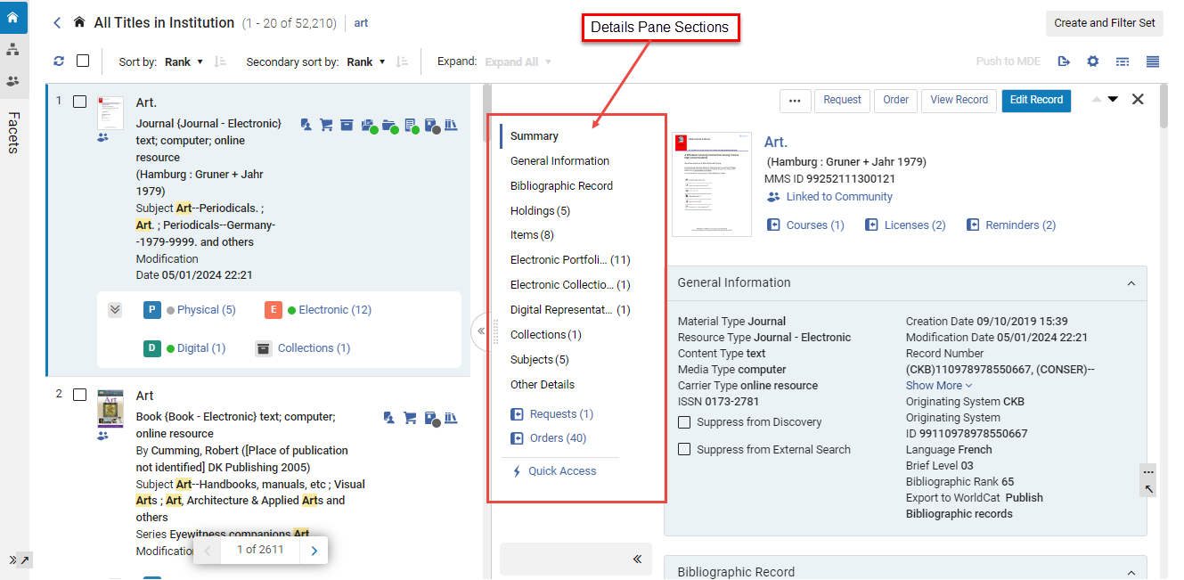 Details Pane Sections in Alma Search Results screen