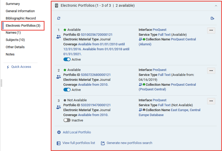 The electronic portfolios section