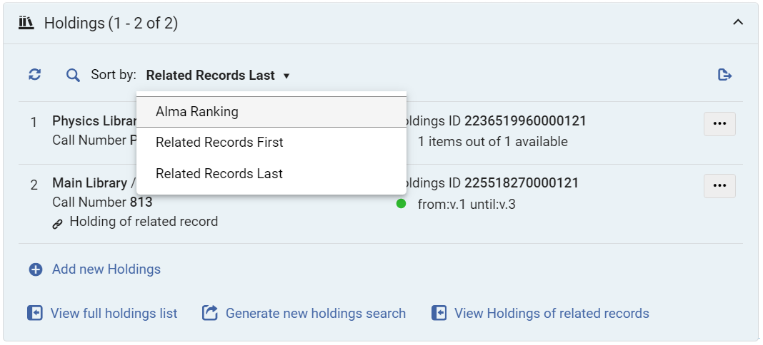 Holdings Sort Options - Alma enables users to select whether related records appear last