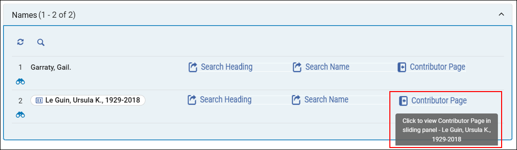 Names section with link to Contributors page