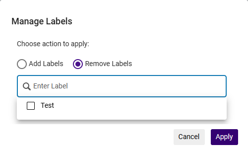 Manage Labels Window indicating Remove Labels radio button selected and the label name Test selected