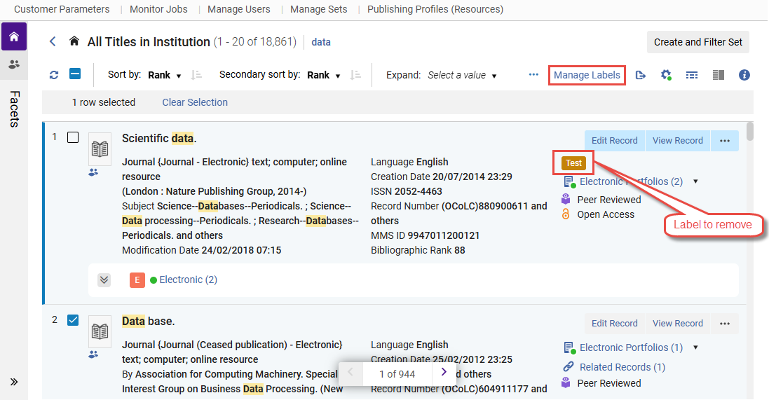 Search result records that are marked with a label that are to be removed