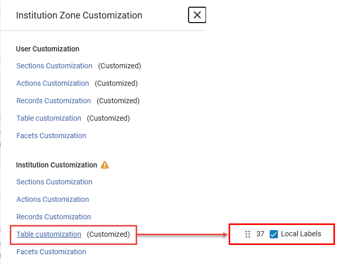 Table View Customization - Local Label Column selected to be displayed