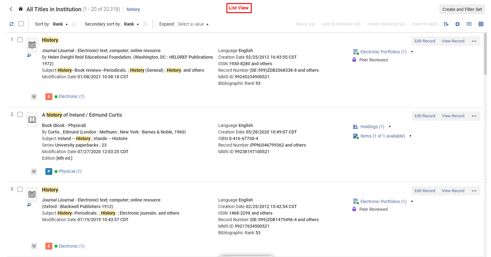 List View - Titles Search Results