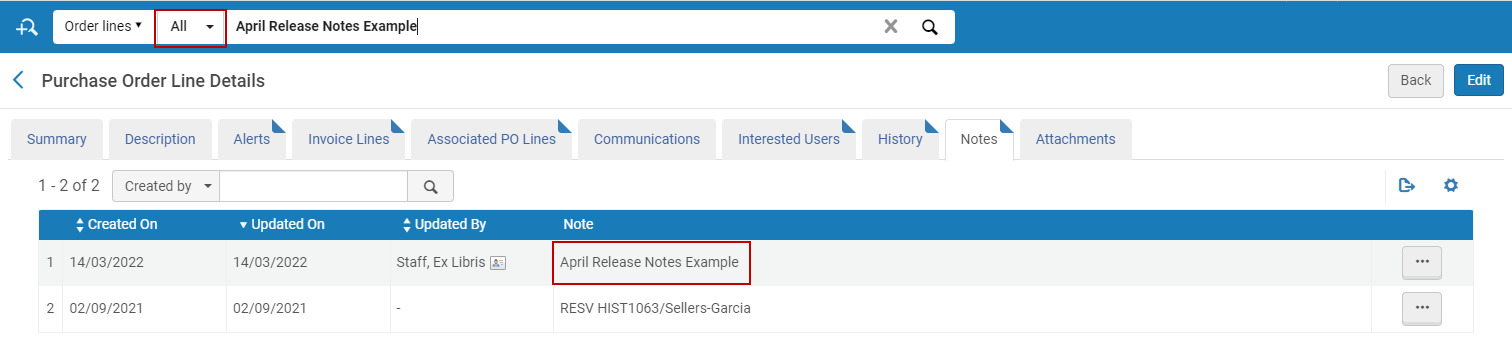The Notes tab in Purchase Order Lines Details with April Release Notes Example highlighted in the Note column.